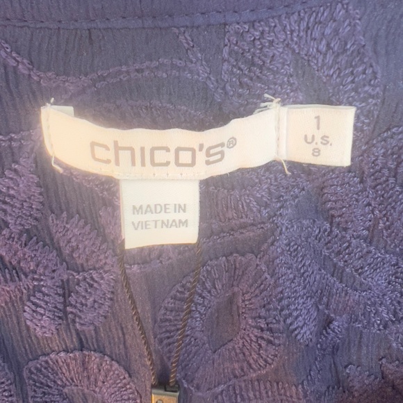 NWT Chico's embroidered button blouse sz 1 US 8 medieval blue puff sleeve sheer - Picture 4 of 7